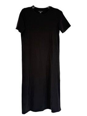 Eileen Fisher Organic Cotton Black Midi Dress Size XXS Round Neck short sleeve